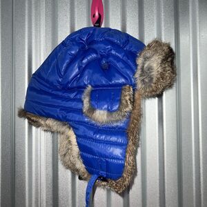 Nathaniel Cole‎ Crown Cap Blue Puffer Trapper Hat Rabbit Fur Trimmed Winter